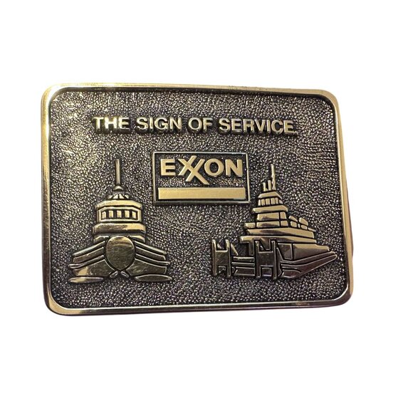 Vtg Belt Buckle EXXON Oil & Gas The Sign Of Service Brass 1970s USA Made 3.75" - Picture 1 of 2